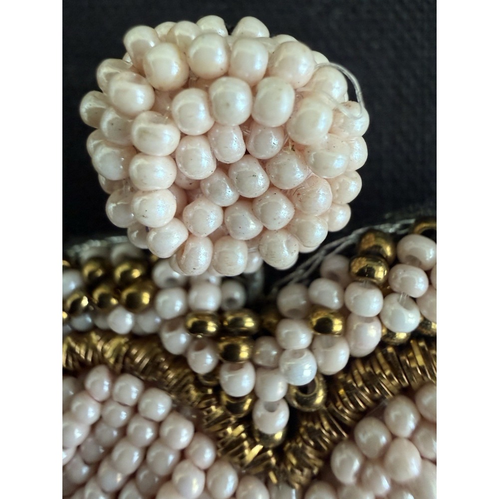 Antique Handcrafted Beaded Heart Dangle Earrings Pink Gold White Fabric Post - Picture 4 of 5